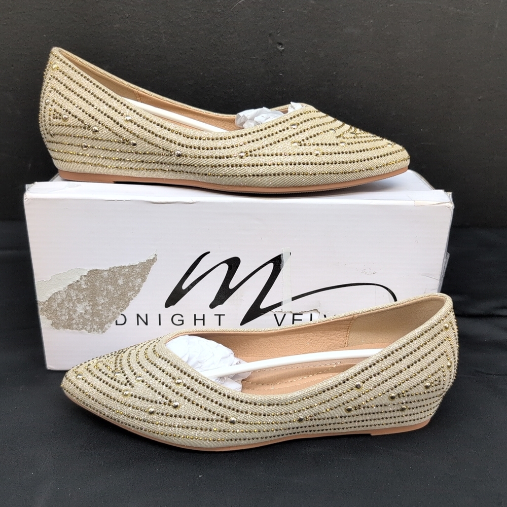 Midnight Velvet Studded Rhinestone Embellished Women's Flat Shoes 40 Off White